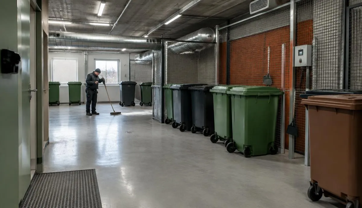 En man sopar golvet i ett stort miljörum med gröna, svarta och bruna kärl bakom nätväggar.