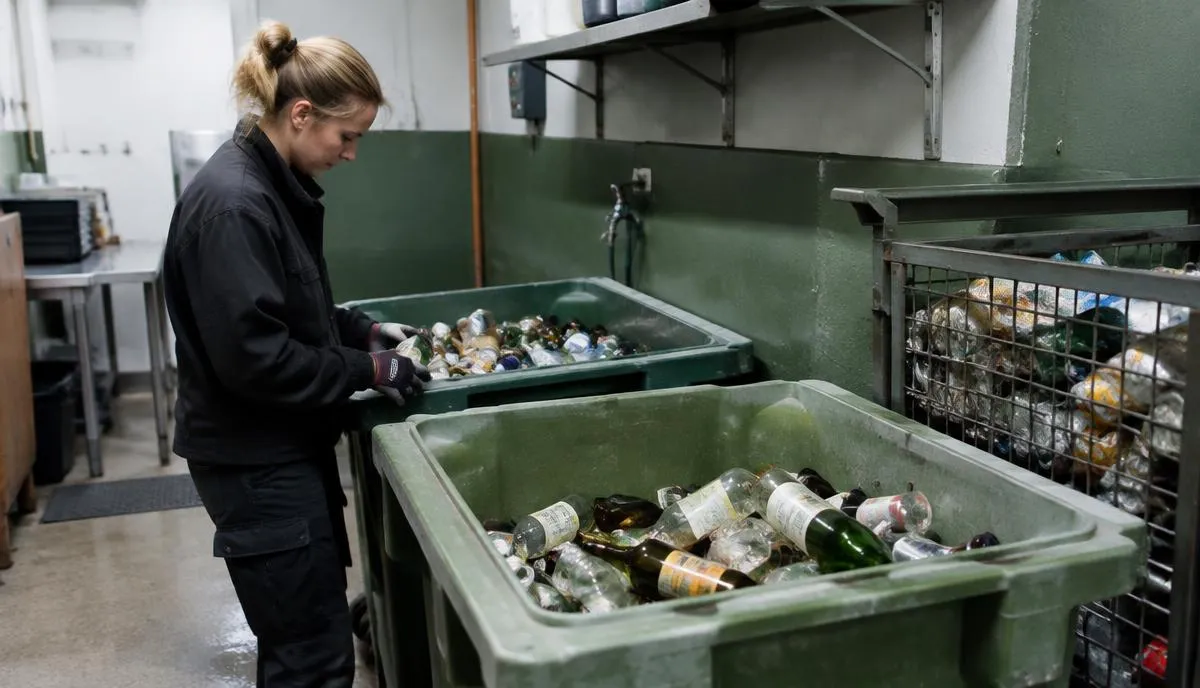 En medarbetare i ett restaurangförråd sorterar glasflaskor och burkar i stora gröna kärl och en metallbur.