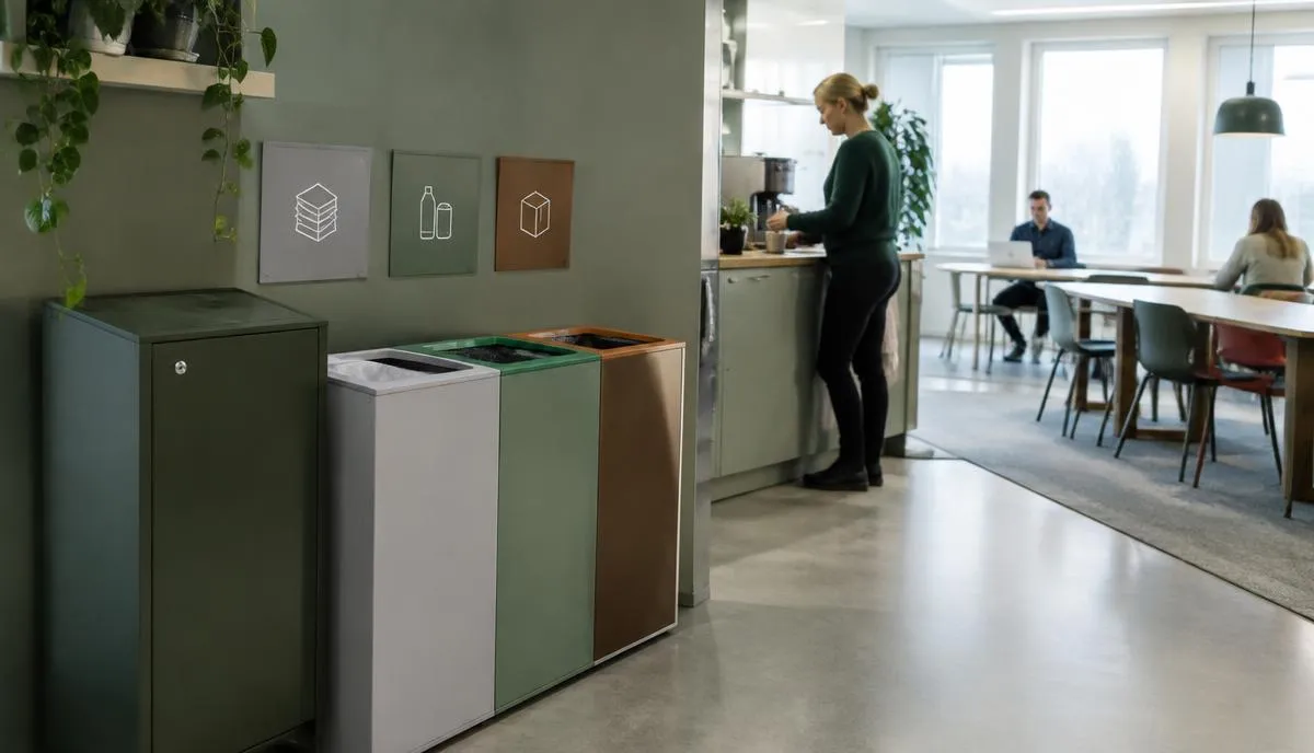 Ett kontorspentry med tre sorteringskärl i grått, grönt och brunt under skyltar för papper, förpackningar och kartong.
