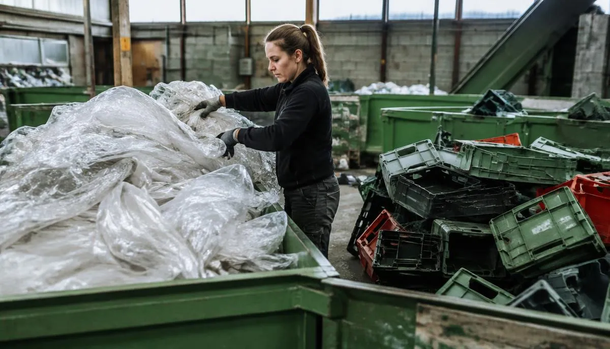 En kvinna lägger plastfolie i en container bredvid en hög med plastbackar i en sorteringshall.
