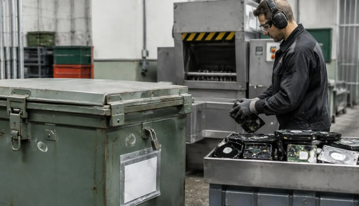 En tekniker med hörselskydd lägger hårddiskar i en industriell kvarn, bredvid en låst metallåda för sekretessmaterial.