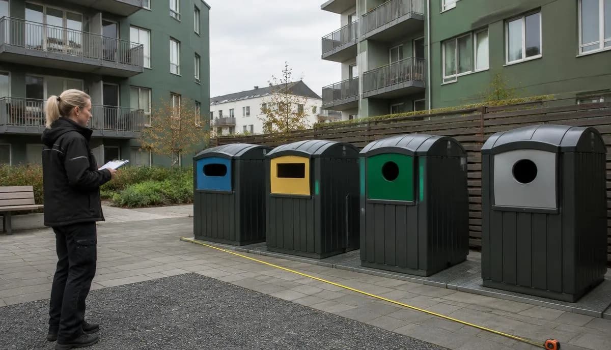 En kvinna med anteckningsblock framför fyra insamlingsbehållare för förpackningar på gården till ett flerbostadshus.