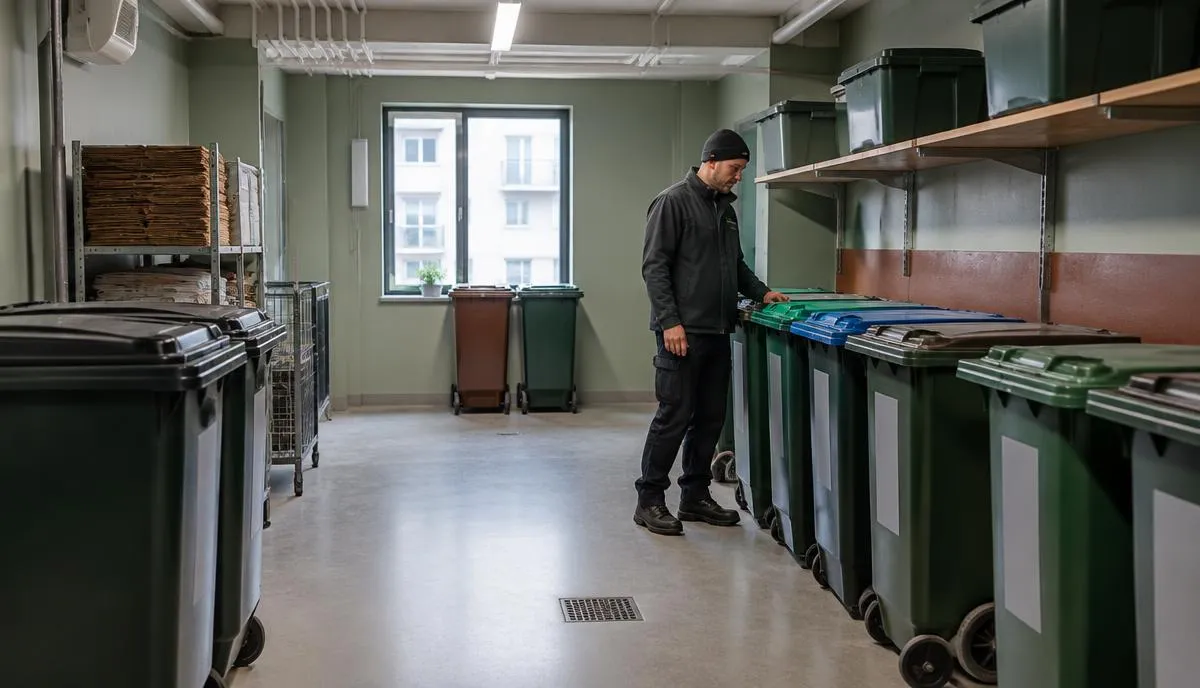 En man kontrollerar en rad sorteringskärl med gröna och blå lock i ett ljust soprum.