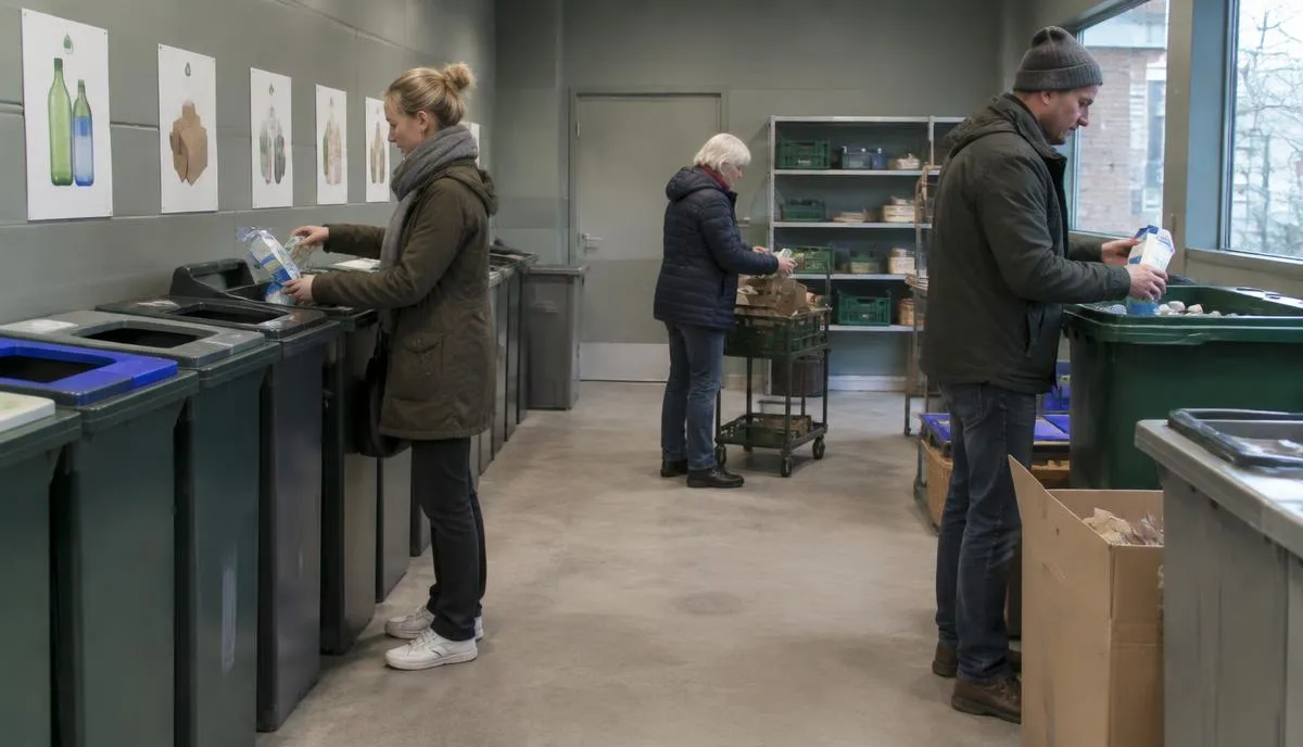 Tre personer sorterar förpackningar i ett gemensamt miljörum med rader av kärl och bildskyltar för varje material.
