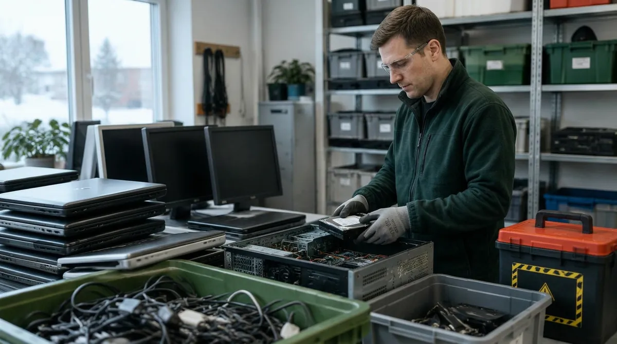 En man med skyddsglasögon plockar ur en hårddisk ur en dator, bland högar av bärbara datorer, skärmar, kablar och en låda för batterier.