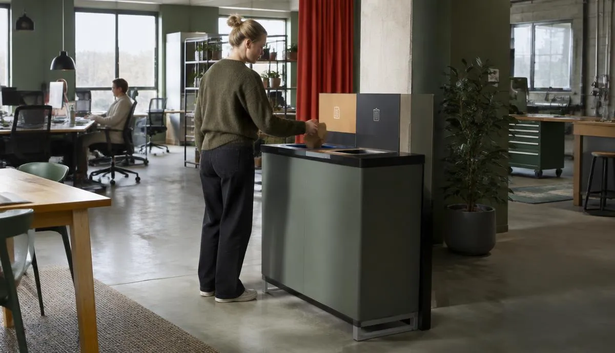 En kvinna lägger papper i en sorteringsstation med separata inkast för papper och restavfall i ett öppet kontorslandskap.